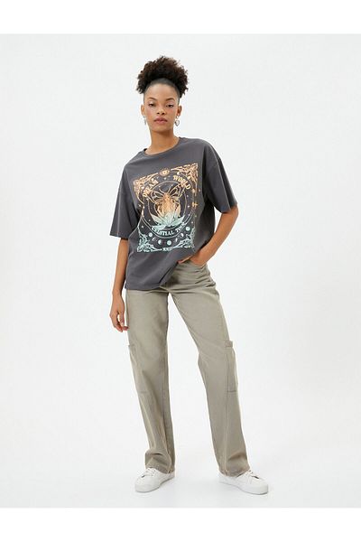 Koton Printed T-Shirt Comfortable Fit Short Sleeve Crew Neck Cotton Faded Effect