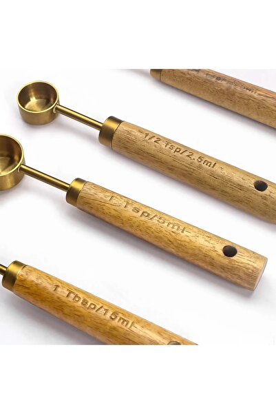 Qerhome Small 4-Piece Wooden Handle Gold Luxury Measuring Spoon - Spice Spoon Set