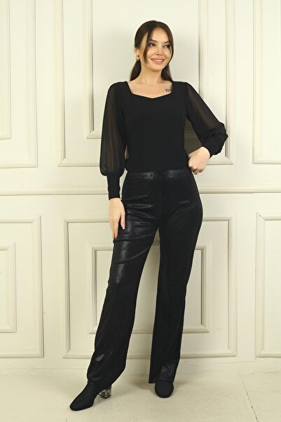 By Saygı Women's Elastic Waist Crocodile Patterned Lycra Trousers