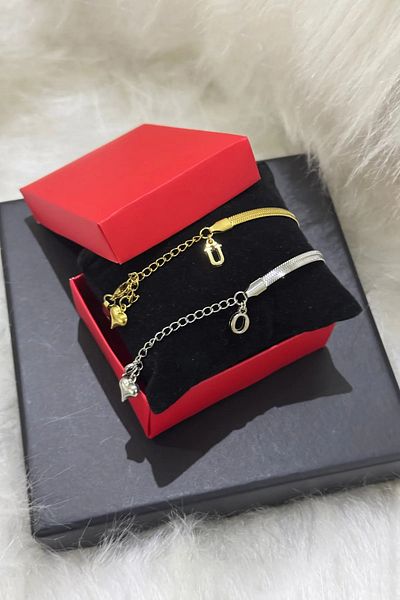 The Collection Unisex 2-Pack Stainless Steel Letter Flat Chain Bracelet - Lover & Dating Bracelet