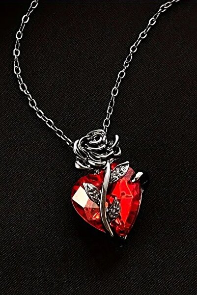Aksesuar Gotik Koyu Tarzı Siyah Gül Kırmızı Taşlı Kalp Kolye. Kadın, Erkek, Unisex. Zarif Şık Vintage Takı