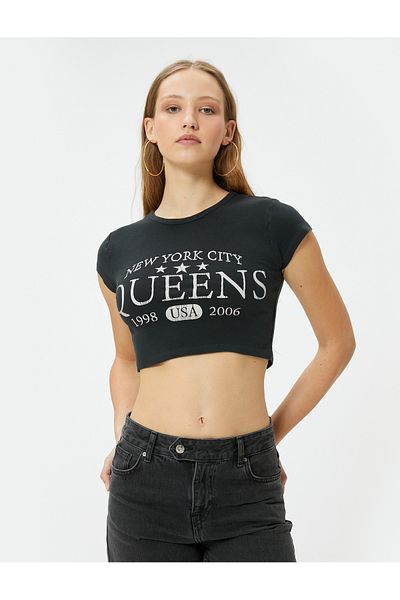 Koton Crew Neck Crop Printed Cotton T-Shirt - Short Sleeve, Slim Fit