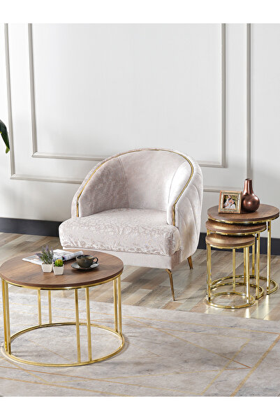 er enirey collection 4 Lü Koyu Ceviz Ahşap Gold Metal Ayaklı Ahşap C Model Se...