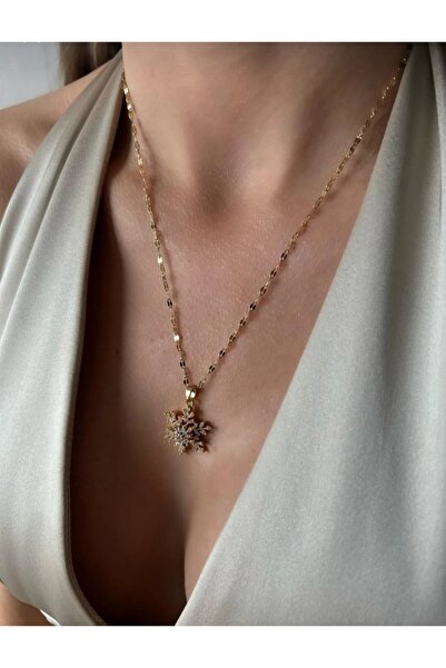 ZD JEWELRY Çelik 316 L Kararmaz Gold Pul Zincir Dönen Zirkon Taşlı Kar Tanesi...