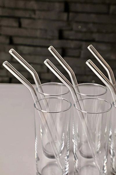 MEMİŞOĞLU TEDARİK Glass Straw, 6-Piece Curved Glass Straw