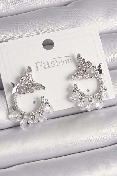 Epilons Brass Silver Color Zircon Stone Dangle Detail Model Women's Earrings ...