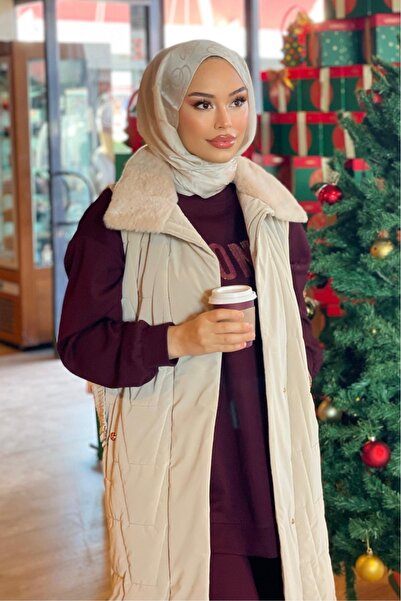 Minel Beige Long Quilted Women's Vest - 021