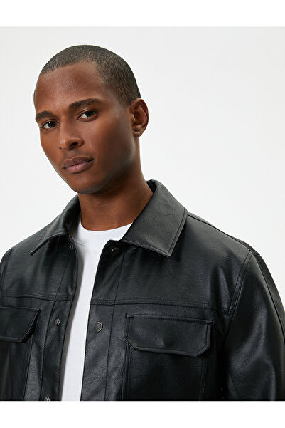 Koton سترة جلدية صناعية سوداء للرجال