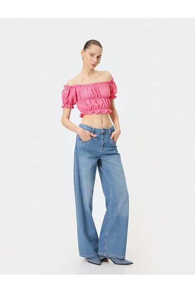 Koton Seersucker Crop Μπλούζα - Off-the-Shoulder, κοντό μανίκι και κορδόνι