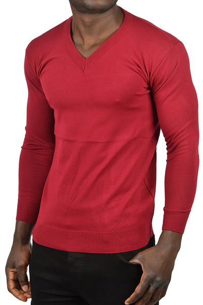 DeepSEA Men's Burgundy Slim Fit V-Neck Basic Knitwear Thin Sweater 2505494