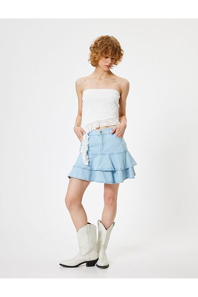 Koton KT - Fusta mini din denim cu volan, cu nasturi, potrivire confortabilă
