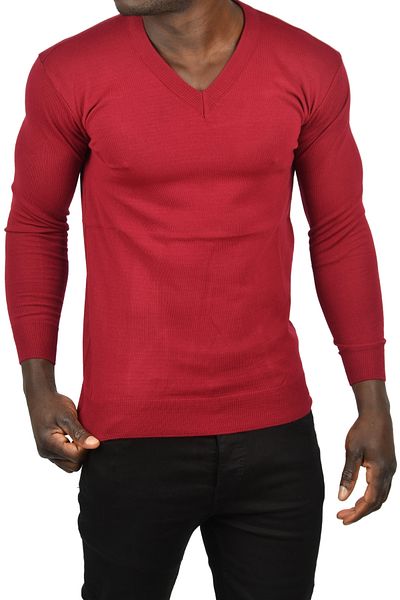 DeepSEA Men's Burgundy Slim Fit V-Neck Basic Knitwear Thin Sweater 2505494