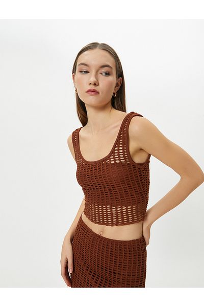 Koton Thick Strap Mesh Crop Bustier - U-Neck Slim Fit