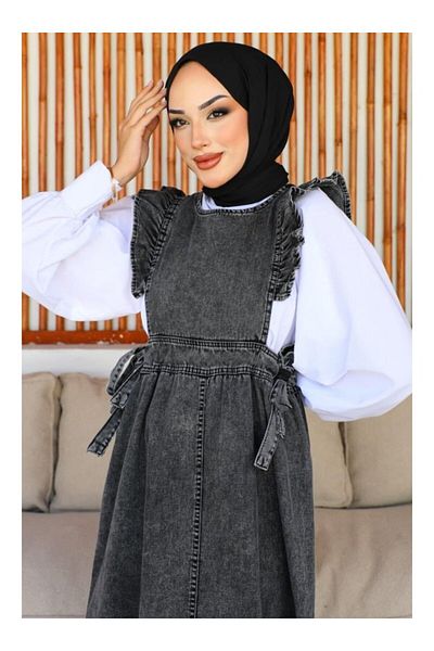 Butik Women's Ruffled Shoulder Gilet Jeans Dress with Side Ties