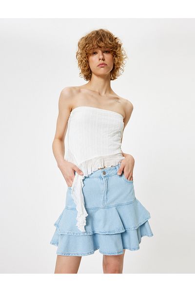 Koton KT - Fusta mini din denim cu volan, cu nasturi, potrivire confortabilă