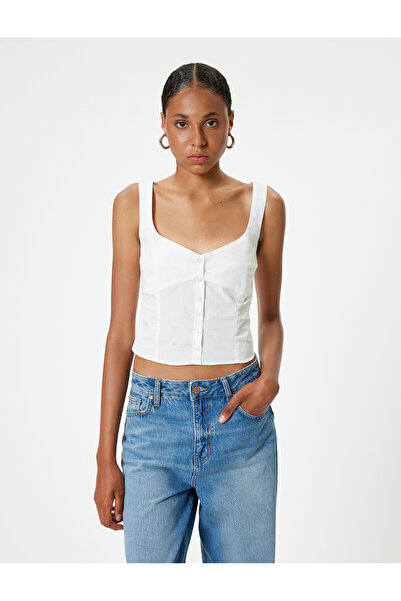 Koton Poplin Crop Tank Top - Thick Strap, Buttoned, V-Neck, Slim Fit