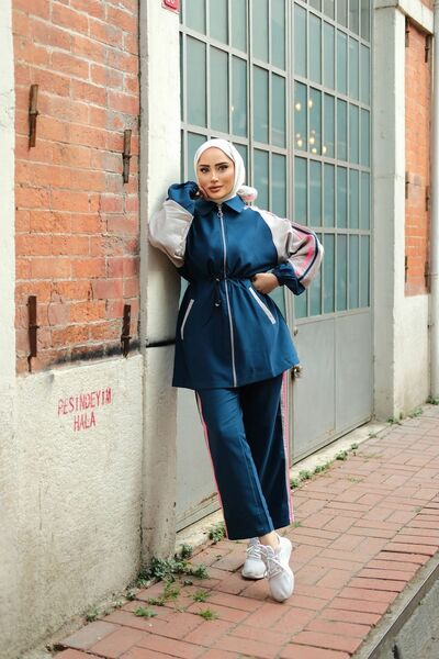 MİMİ Luxury Wear Tesettür Eşofman Takımı Fermuarlı Tunik Pantolon Indigo