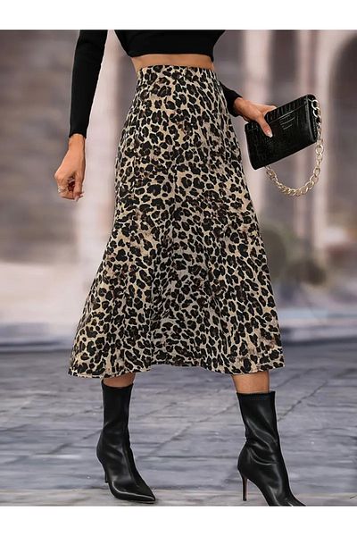 Moka Shopin Mokashopin Women's High Waist Leopard Print Midi Crepe Skirt