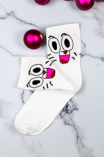 Tozlu Yaka Women's Cat Patterned College Sports Socks - 1 Pair White