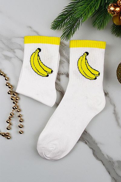 Tozlu Yaka Women's Banana Patterned College Sports Socks - 1 Pair White