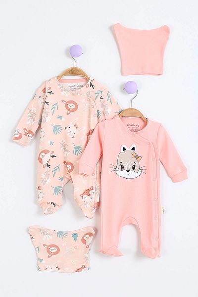 MAİBELLA Cute Cat and Rabbit Patterned Cotton Long Sleeve Winter Jumpsuit for Baby Girl - Set of 4