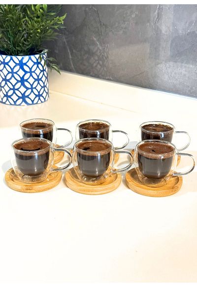 Janset طقم فناجين قهوة تركية زجاجية مكونة من 6 قطع مع طبق من الخيزران