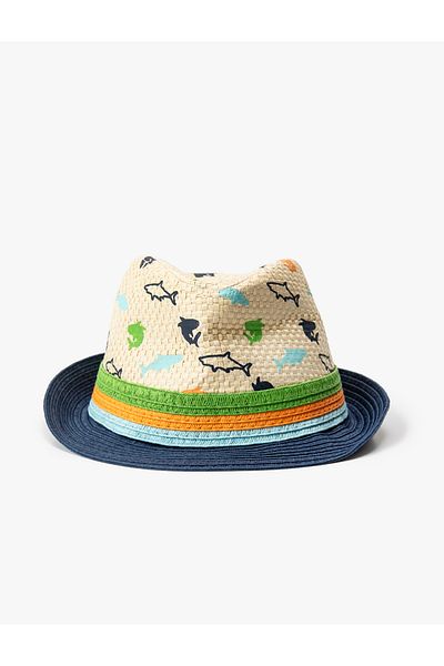 Koton Straw Fedora Hat - Palm Tree Pattern and Tape Detail