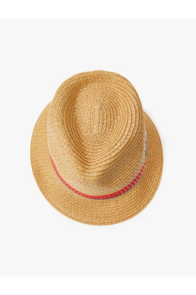 Koton Striped Straw Fedora Hat - Appliqued