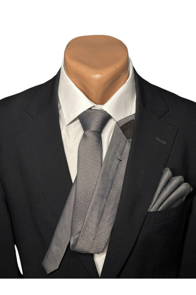 HARES Smoked (GREY) Eyelet Hand Sewn Woven Tie & Handkerchief