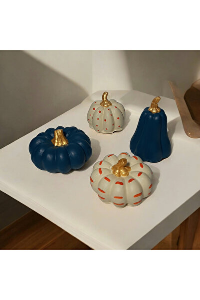 oksukokulutaş 4'lü Balkabağı Dekoratif Biblo Set. Mavi Krem Kabak Seti
