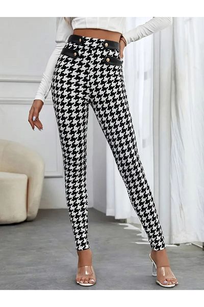 Viyamo Women's High Waist Houndstooth Patterned Side Stripe Button Detailed Diving Pants