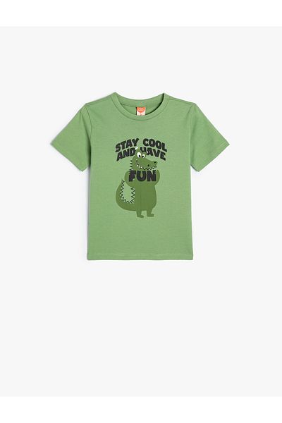 Koton Dinosaur Printed Cotton Short Sleeve T-Shirt - Crew Neck