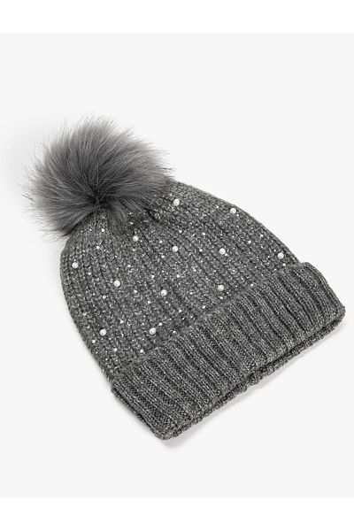 Koton Knitwear Beret Faux Fur Pompom Detailed Beaded Embroidered