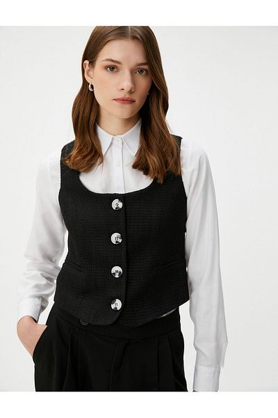 Koton Tweed Vest Buttoned Square Collar with Pockets