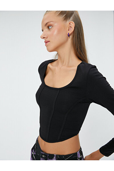 Koton Langärmliges T-Shirt mit schmaler Passform und U-Ausschnitt im Korsett-...