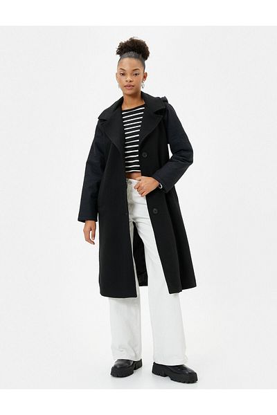 Koton Long Cuff Coat Hooded Belted Parachute Fabric Detailed Pockets Button Closure