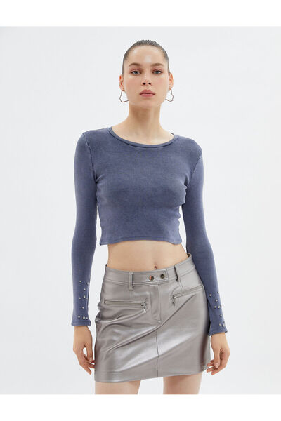 Koton Stone Crop T-Shirt μακρυμάνικο Crew Neck Camisole Washed