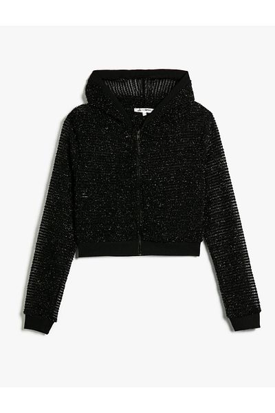 Koton Crop Mesh Hooded Zippered Sweatshirt Glitter Slim Fit