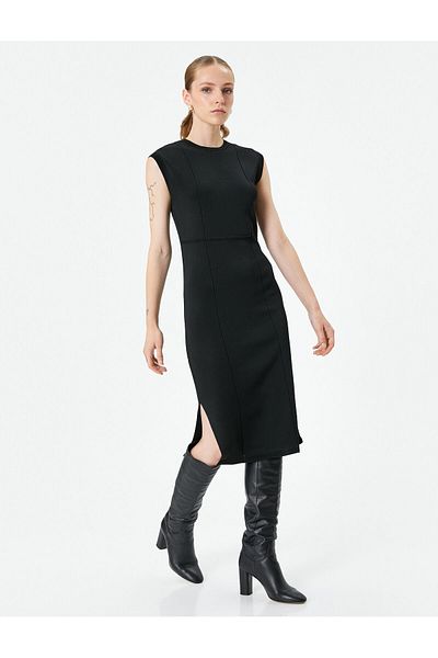 Koton Midi Knitwear Dress Short Sleeve Crew Neck Slit Detail