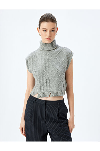 Koton Gray Hair Knit Sweater with Turtleneck and Frayed Stone Detail
