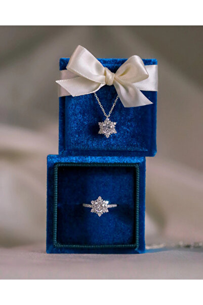 artiesuart 925 Ayar Gümüş Beyaz Kristal Taşlı Rodyum Kaplamalı Buz Çiçeği Set