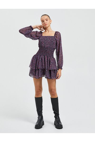Koton Floral Mini Dress Long Tulle Sleeves Lined Square Neck Tiered
