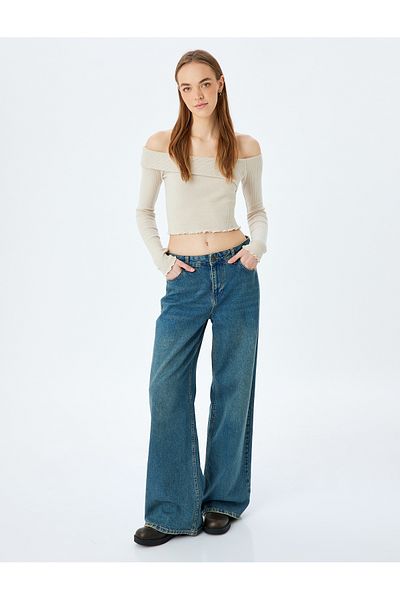 Koton New Season Off-The-Shoulder Madonna Neck Slim Fit Crop Long Sleeve T-Shirt