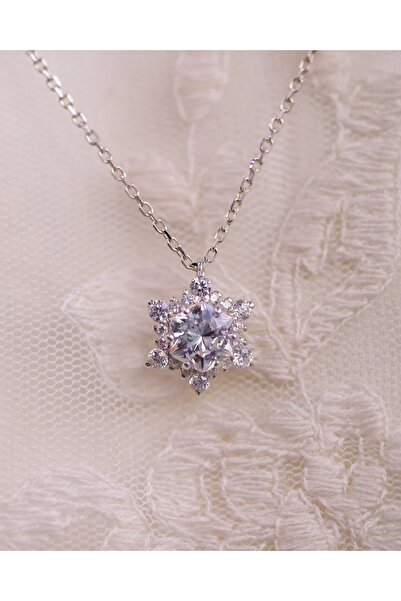 artiesuart 925 Ayar Gümüş Beyaz Kristal Taşlı Rodyum Kaplamalı Buz Çiçeği Kolye