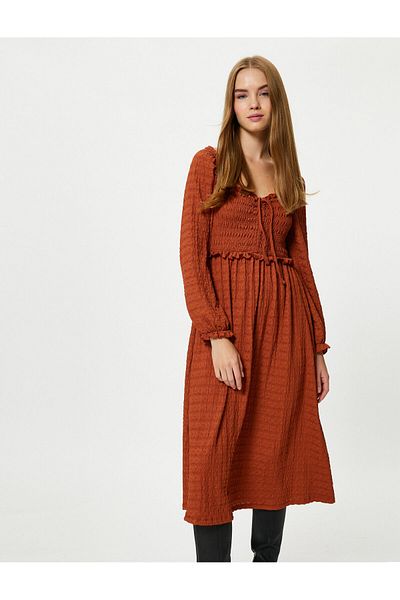Koton Maxi Check Dress Textured Front Tie Detail Long Sleeve Gipe Detailed Ruffle Detail