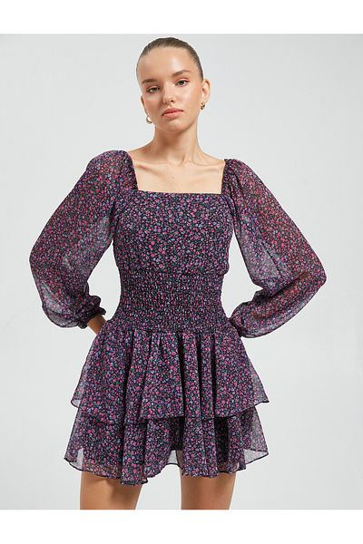 Koton Floral Mini Dress Long Tulle Sleeves Lined Square Neck Tiered