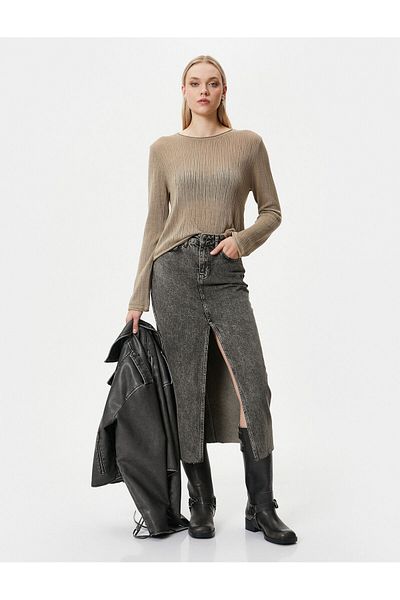 Koton High Waist Long Denim Skirt - Comfortable Fit with Front Slit and Pockets