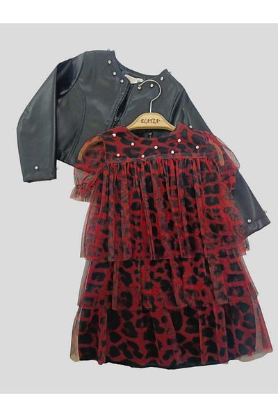 Elayza Faux Leather Jacket and Crystal Rhinestones Pea Tulle Evening Dress for Girls 2352