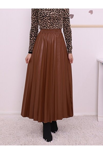 Modamorfo Pleated Leather Skirt with Elastic Waist -Tan