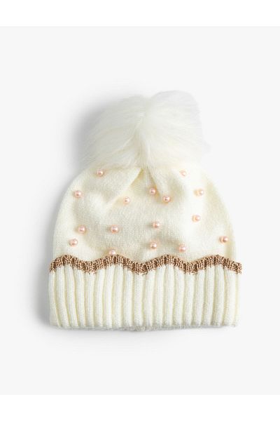 Koton Pompom Knitted Beanie with Bead Detail